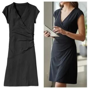 Athleta Nectar Dress Short Sleeve Faux Wrap Size XL Black Stretch Athletic Sport